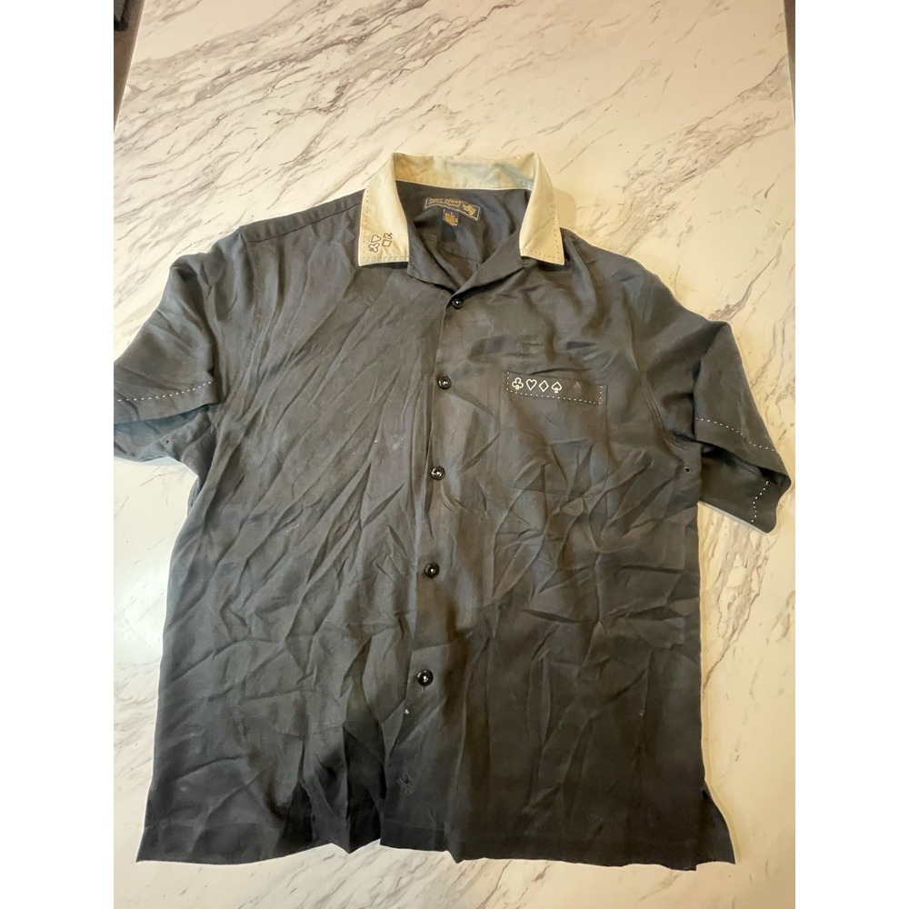 Nat Nast Luxury Originals Men's Black Silk Shirt Cream Collar Short Sleeve L